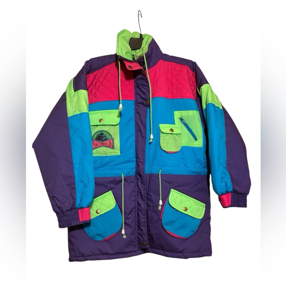 Vintage Ej Gitano Colour Block Ski hooded Jacket Sz 14 Padded Utllity Parka Snow